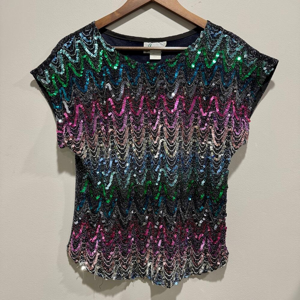 Rainbow Sequin Chevron Metallic Party Top Joanna Made in USA L